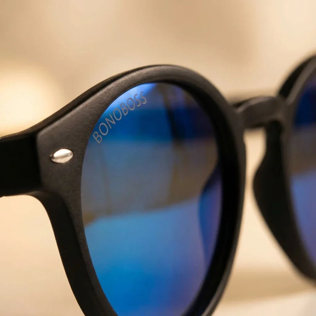 Lentes sol Joplin RPET polarizados UV400 macro textura acetato vetas detalle premium Bonoboss #color_espejado-azul