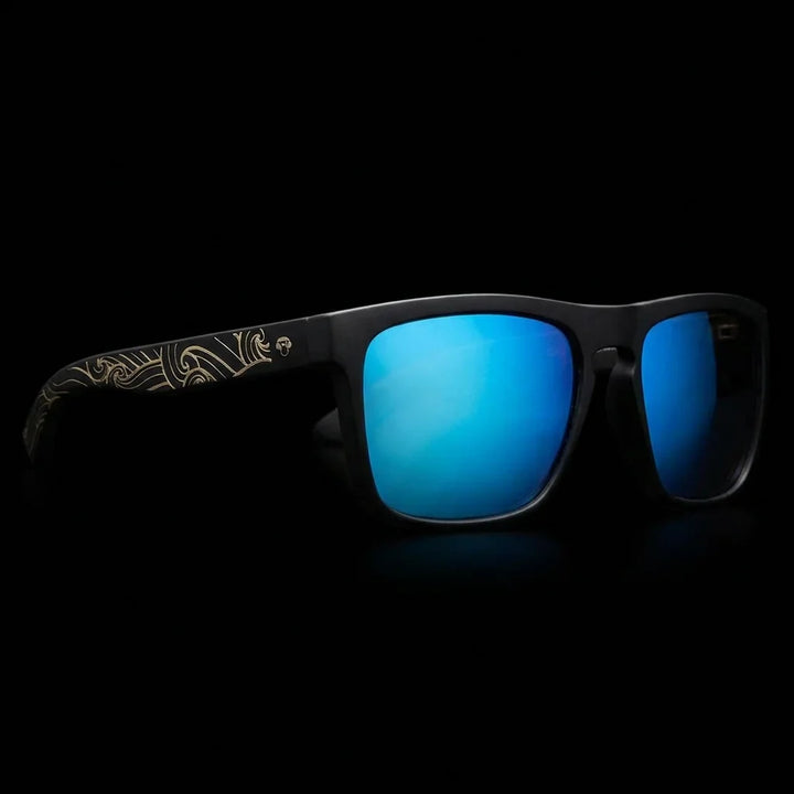 Lentes sol Lautaro Dark Designer's polarizados UV400 madera waves-sky frontal dramatico close-up detalle lente premium Bonoboss #editorial_grid1 #color_waves-sky