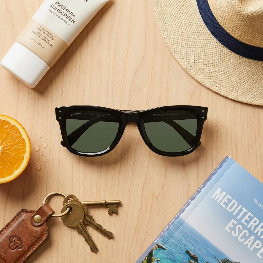 Lentes sol Acacia Reverse polarizados UV400 madera zebrano G15 flat lay summer essentials accesorios playa Bonoboss #editorial_detail2 #color_g15