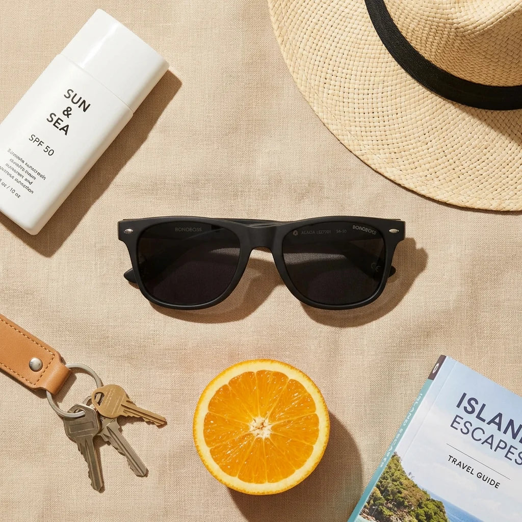 Lentes sol Acacia Dark polarizados madera acacia negro flat lay summer essentials playa accesorios verano Bonoboss #editorial_detail2 #color_negro