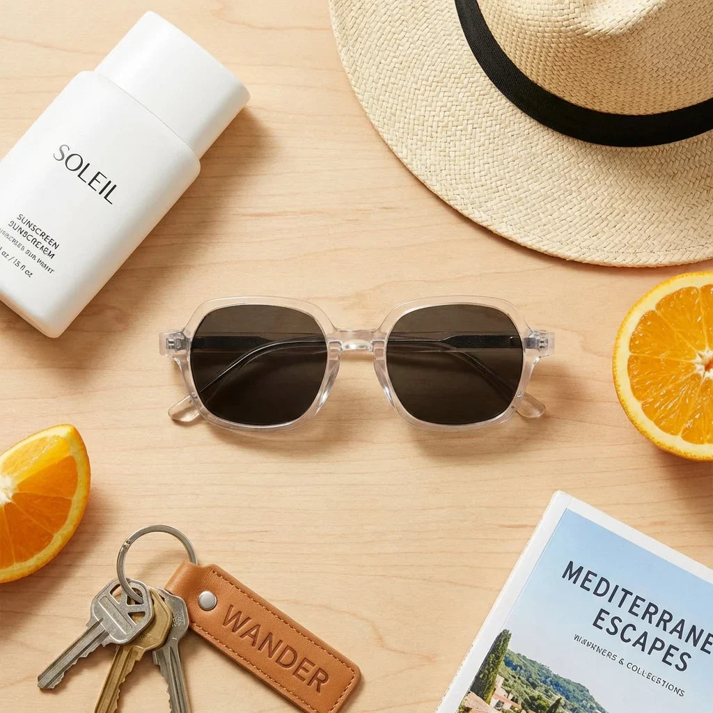 Lentes sol Canarias polarizados UV400 bio-acetato Transparente flat lay summer essentials accesorios playa Bonoboss #editorial_detail2 #color_transparente