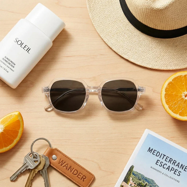 Lentes sol Canarias polarizados UV400 bio-acetato Transparente flat lay summer essentials accesorios playa Bonoboss #editorial_detail2 #color_transparente