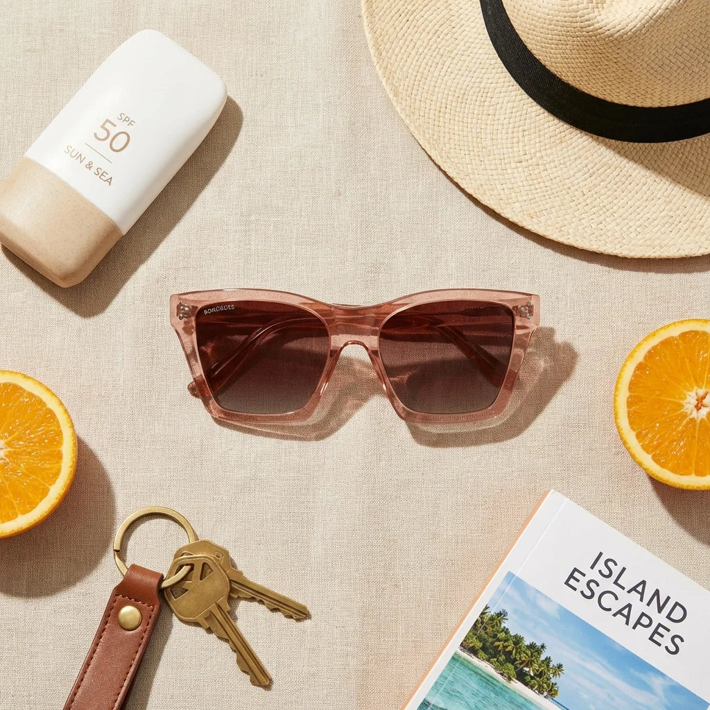 Lentes sol Bruna Retro Polarizado polarizados damasco flat lay summer essentials accesorios playa Bonoboss #editorial_detail2 #color_damasco