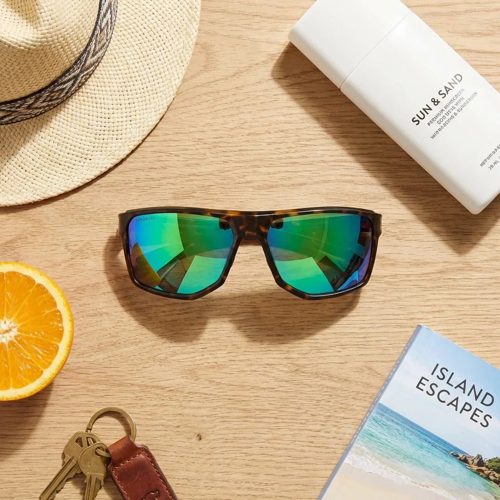 Lentes sol Ollie polarizados bio-acetato biodegradable espejado verde flat lay summer essentials playa Bonoboss #editorial_detail2 #color_espejado-verde