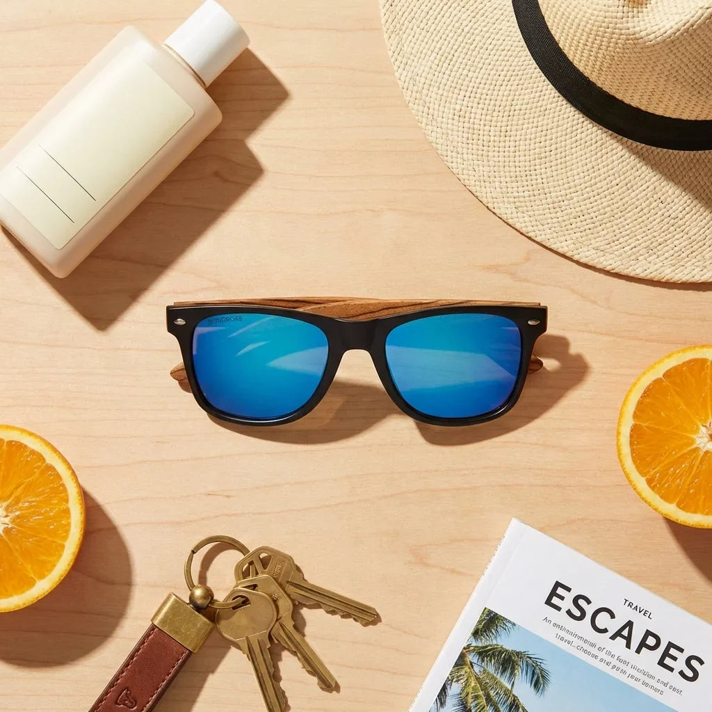 Lentes sol Acacia polarizados UV400 madera zebrano Negro Espejado Azul flat lay summer essentials accesorios playa Bonoboss #editorial_detail2 #color_negro-espejado-azul