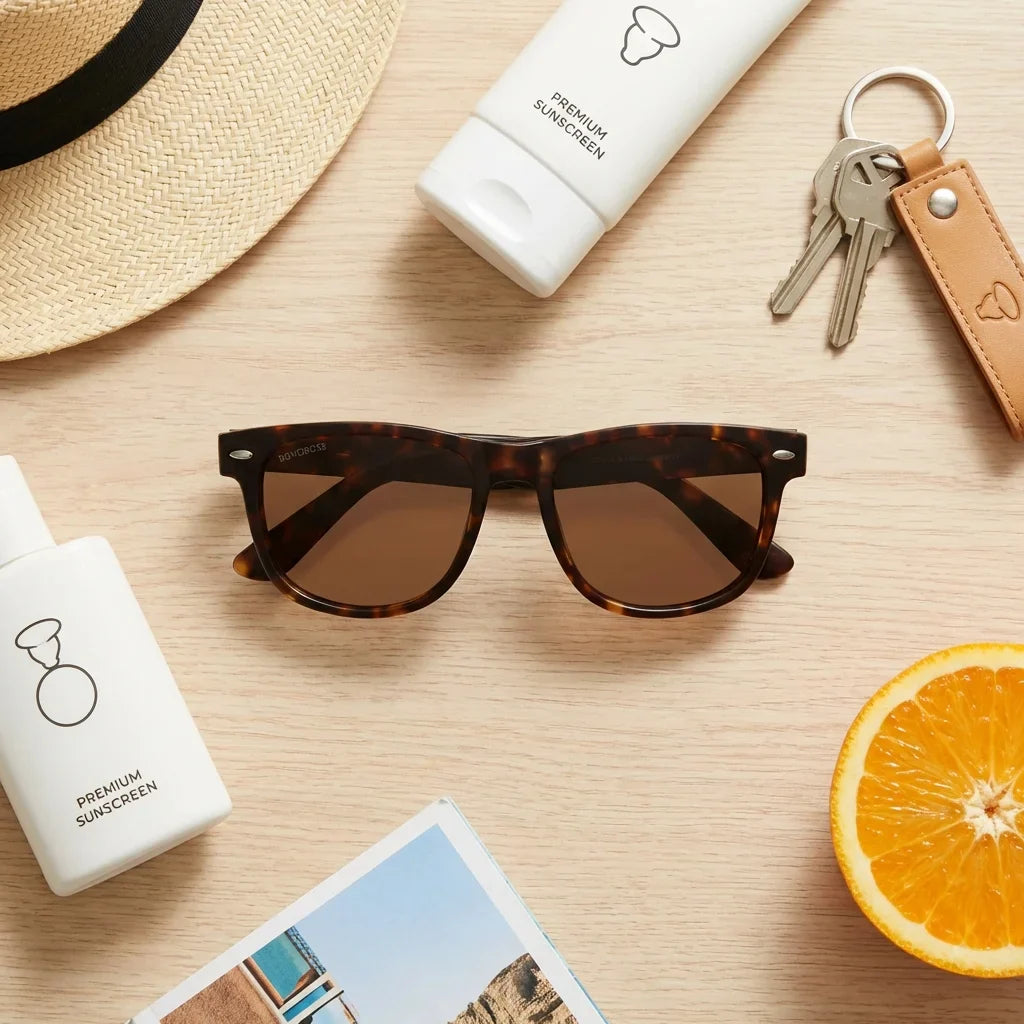 Lentes sol Acacia XL Vintage Sol Polarizado polarizados carey flat lay summer essentials accesorios playa Bonoboss #editorial_detail2 #color_carey