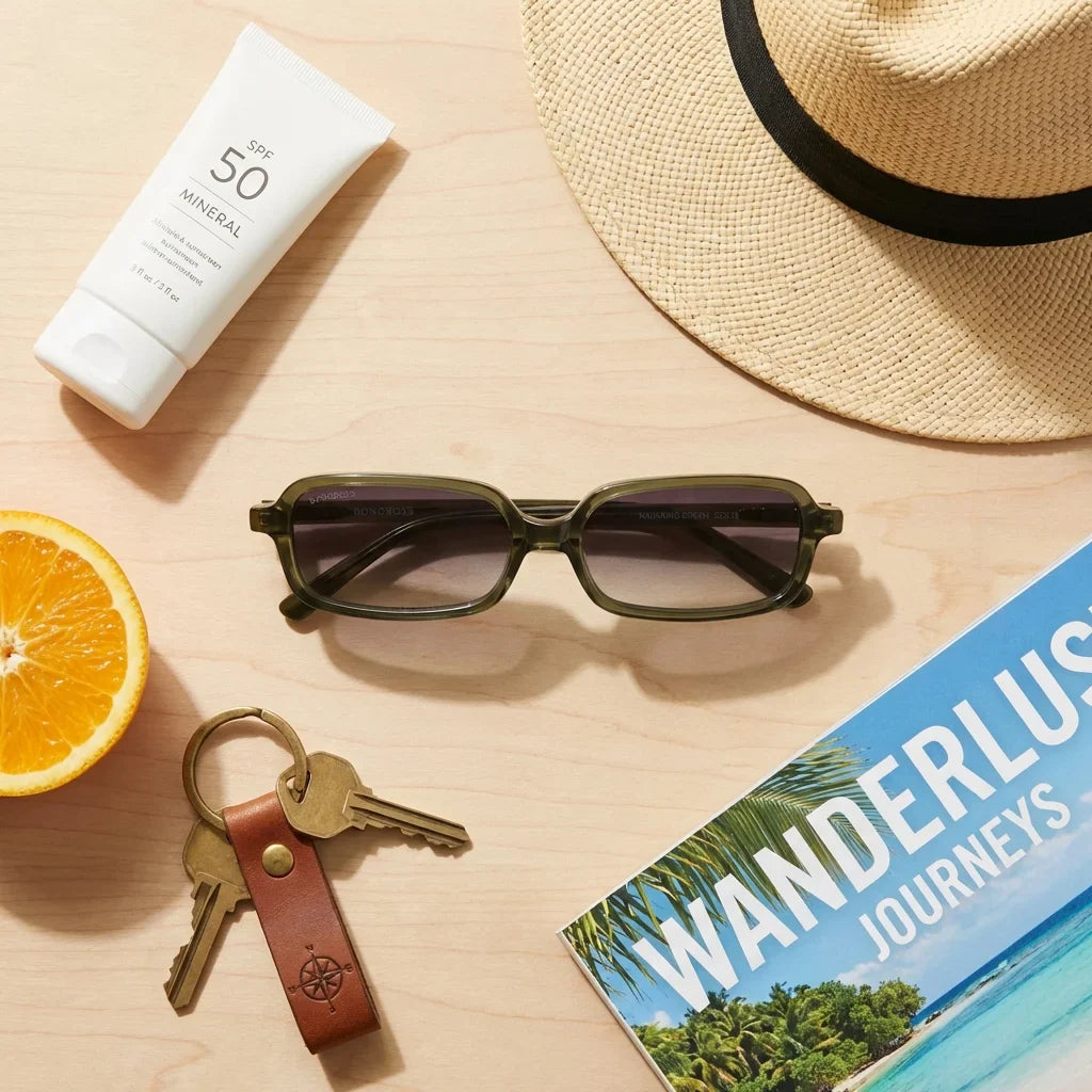 Lentes sol Navarino polarizados bio-acetato verde flat lay summer essentials playa accesorios verano Bonoboss #editorial_detail2 #color_verde