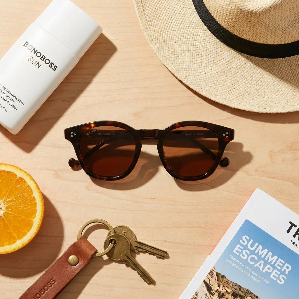Lentes sol Lenga polarizados UV400 bio-acetato Carey flat lay summer essentials accesorios playa Bonoboss #editorial_detail2 #color_carey