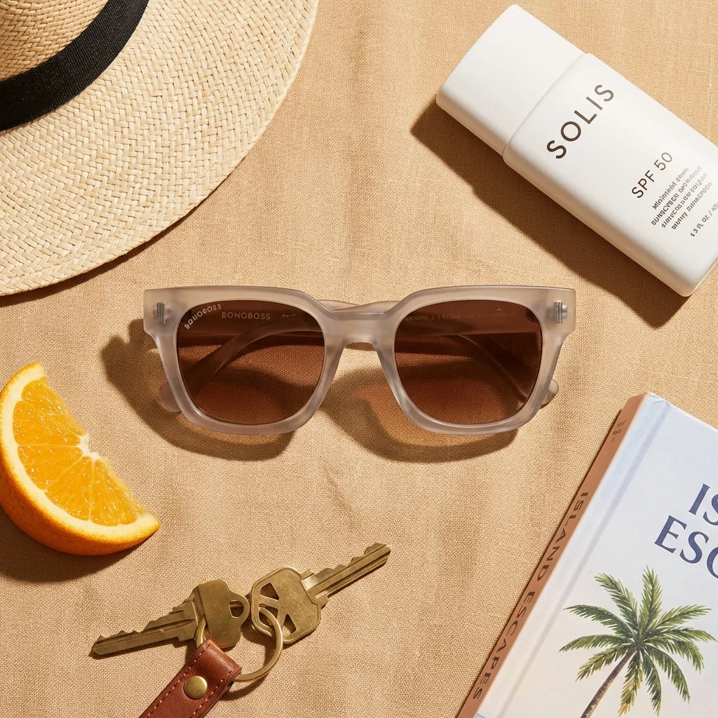 Lentes sol Osorno RPET polarizados reciclado transparente flat lay summer essentials playa accesorios Bonoboss #editorial_detail2 #color_transparente