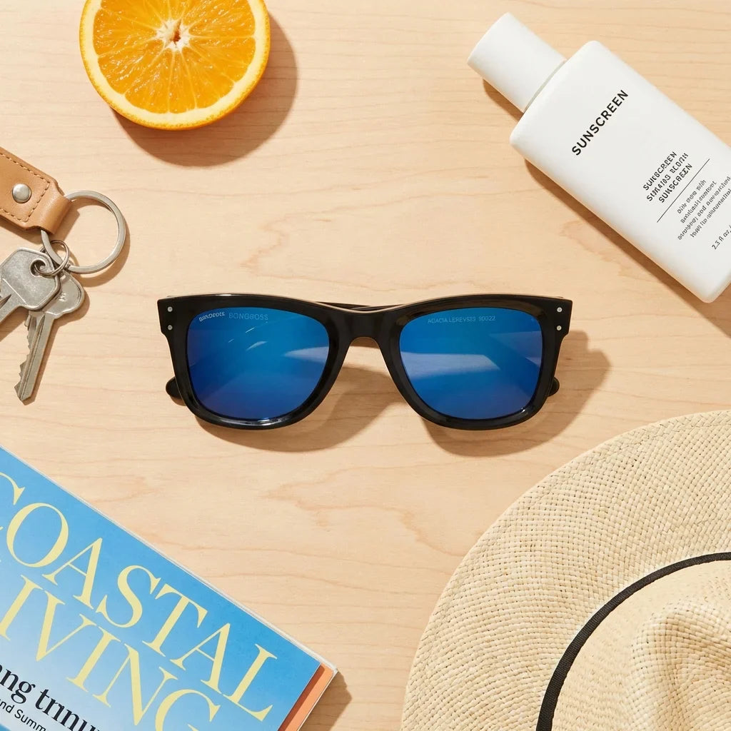 Lentes sol Acacia Reverse polarizados UV400 madera zebrano Espejado Azul flat lay summer essentials accesorios playa Bonoboss #editorial_detail2 #color_espejado-azul