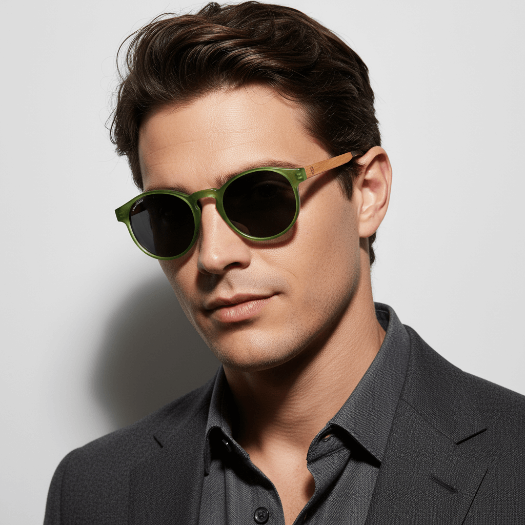 vista lateral de un modelo hombre de cara ovalada usando unos anteojos anteojos gafas de sol polarizadas de forma redonda y con puente para narices anchas hechas de plastico reciclado sustentable ecologico personalizada y patas de madera de #color_verde