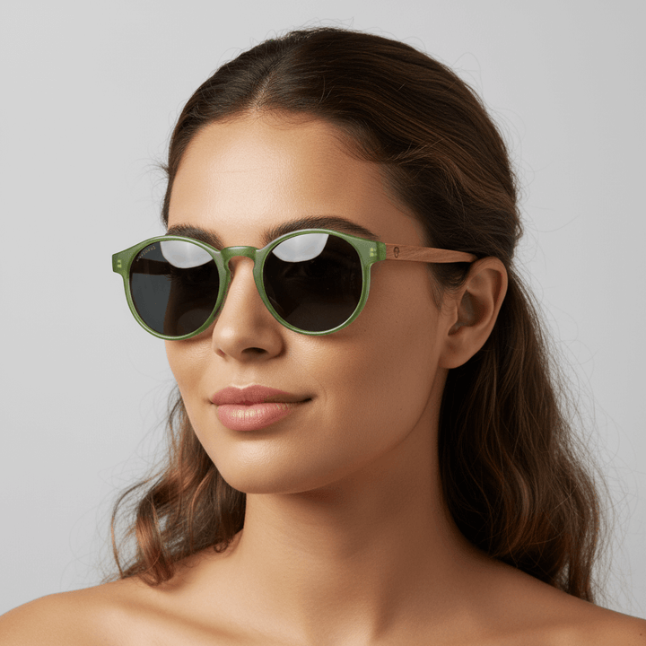 vista lateral de una modelo mujer de cara redonda usando unos anteojos anteojos gafas de sol polarizadas de forma redonda y con puente para narices anchas hechas de plastico reciclado sustentable ecologico personalizada y patas de madera de #color_verde