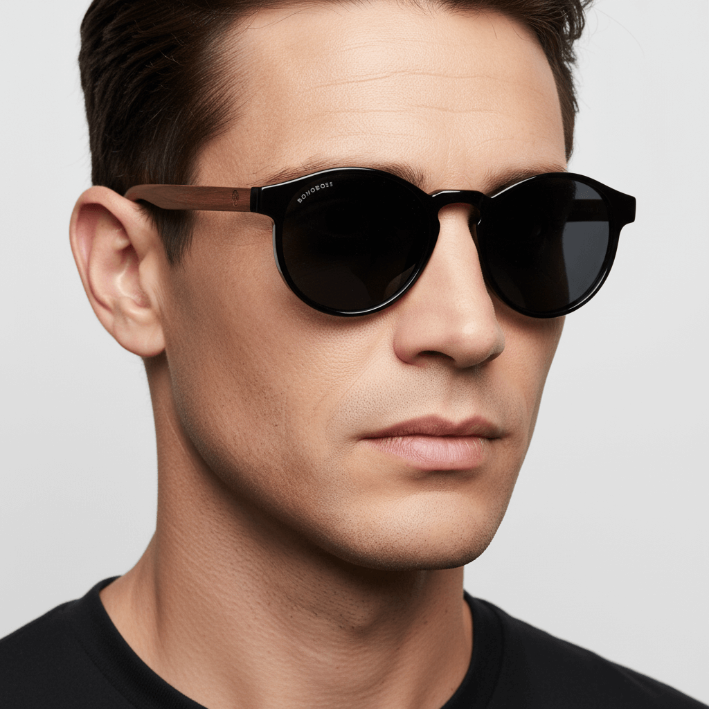 vista angulada de un modelo hombre cara ovalada usando unos anteojos gafas de sol polarizadas de forma redonda y con puente para narices anchas hechas de plastico reciclado sustentable ecologico personalizada de #color_negro