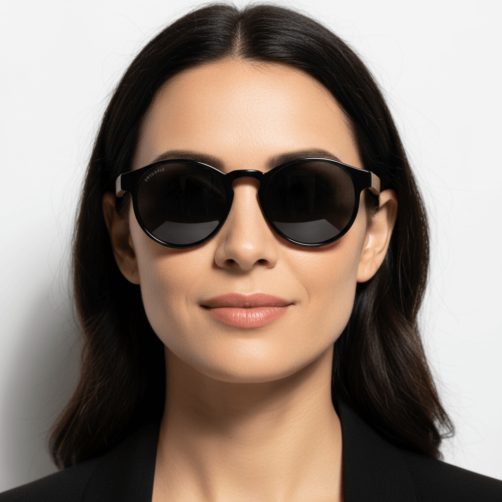 vista frontal de una modelo mujer cara redonda usando unos anteojos gafas de sol polarizadas de forma redonda y con puente para narices anchas hechas de plastico reciclado sustentable ecologico personalizada de #color_negro