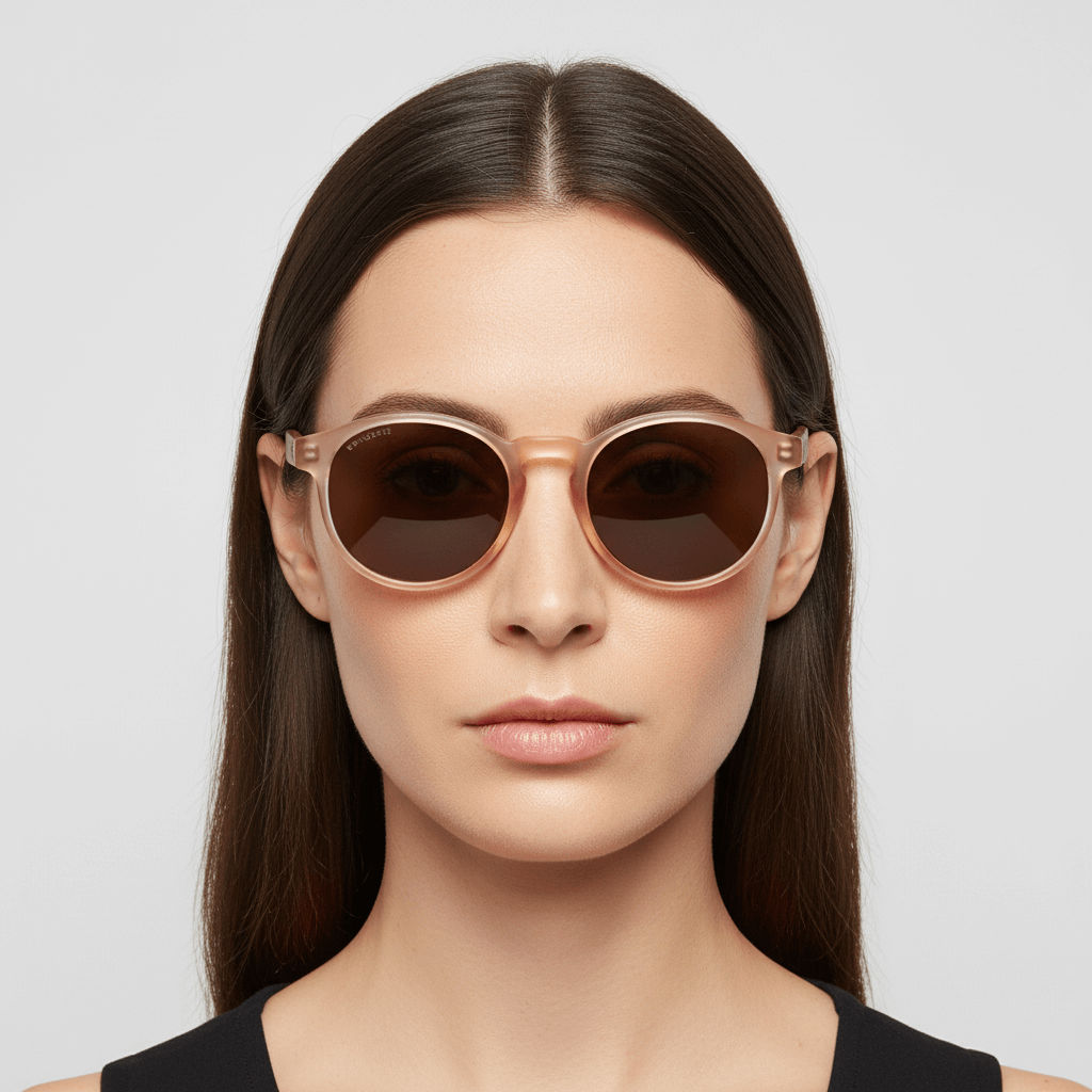 la vista frontal de una mujer de cara ovalada usando unos anteojos anteojos gafas de sol polarizadas de forma redonda y con puente para narices anchas hechas de plastico reciclado sustentable ecologico personalizada y patas de madera de #color_rosa