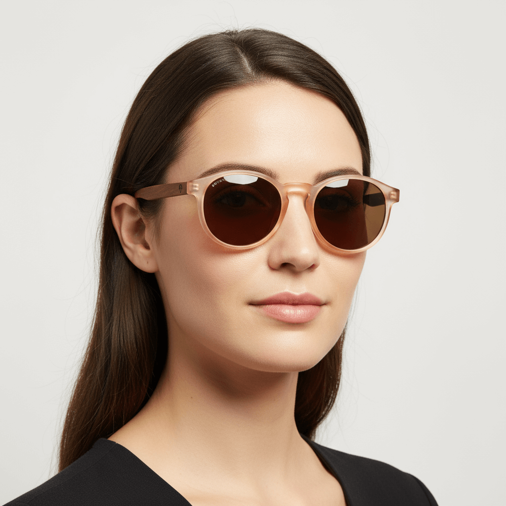 la vista lateral de una mujer de cara ovalada usando unos anteojos anteojos gafas de sol polarizadas de forma redonda y con puente para narices anchas hechas de plastico reciclado sustentable ecologico personalizada y patas de madera de #color_rosa