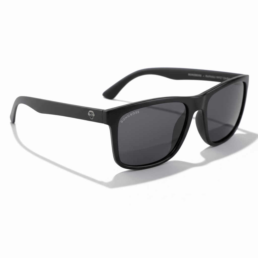 la vista lateral de unos anteojos gafas de sol polarizadas de plastico reciclado con lentes de color negras y marco de #color_dark