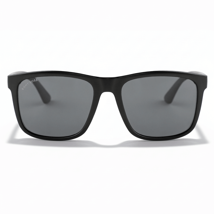 la vista frontal de unos anteojos gafas de sol polarizadas de plastico reciclado con lentes de color negras y marco de #color_dark