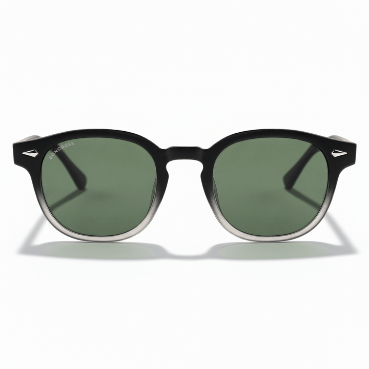 la vista frontal de unos anteojos de sol polarizados de forma redondeada hechos con plastico reciclado personalizado para regalo corporativo de #color_g15