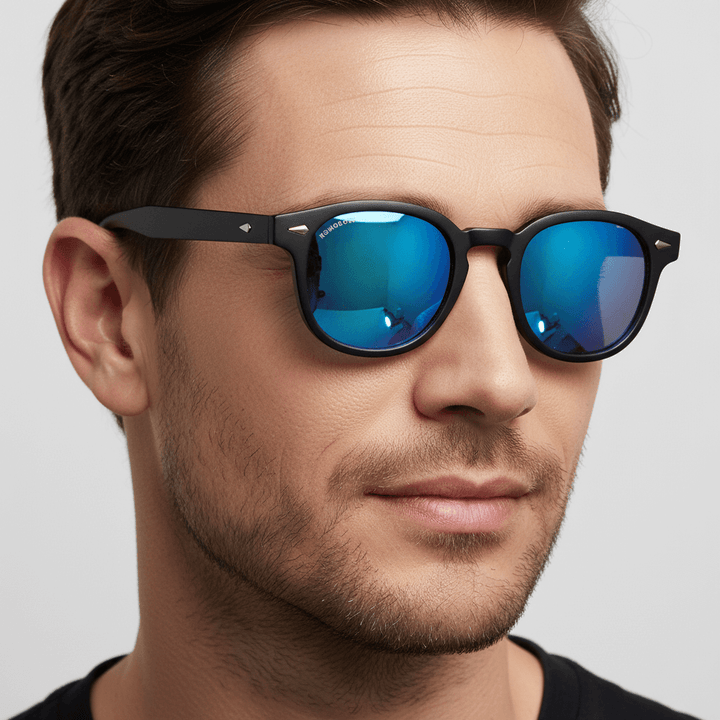 la vista lateral de un modelo hombre usando unos anteojos de sol espejados polarizados de forma redondeada hechos con plastico reciclado personalizado para regalo corporativo de #color_dark-sky