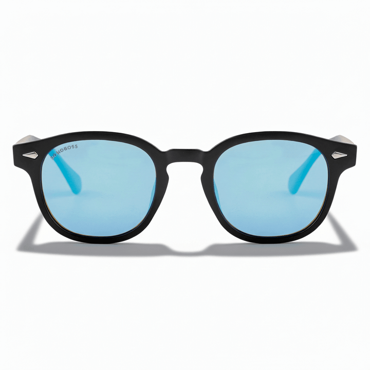 la vista frontal de unos anteojos de sol espejados polarizados de forma redondeada hechos con plastico reciclado personalizado para regalo corporativo de #color_dark-sky