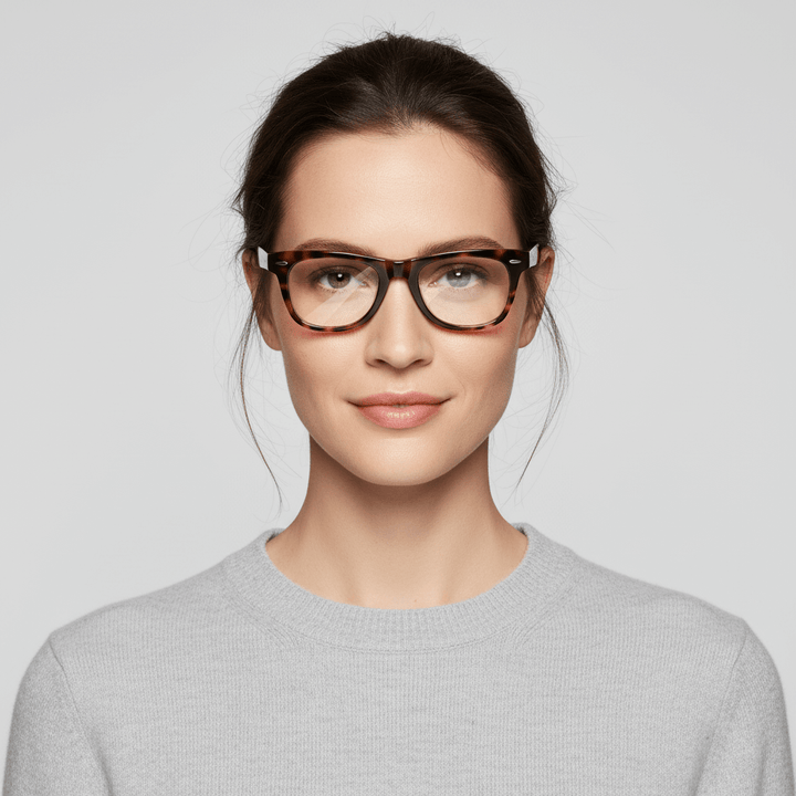 la vista frontal de una modelo mujer de cara redonda usando marcos anteojos opticos Bonoboss sustentables en acetato biodegradable de #color_carey