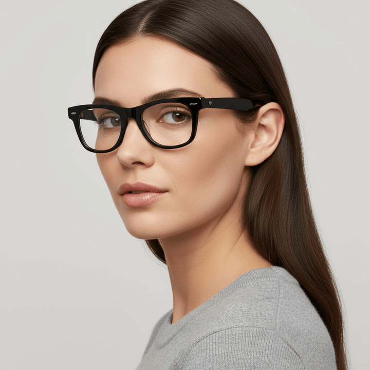 la vista lateral de una modelo mujer de cara redonda y pelo suelto usando marcos anteojos opticos Bonoboss sustentables en acetato biodegradable de #color_negro