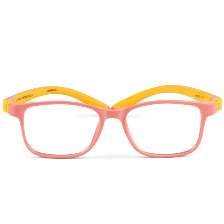 anteojos o marcos opticos de niño y niña de forma rectangular de unos anteojos. armazones opticos de goma indestructibles para niños de color rosado y patas amarillas y forma rectangular  #color_pink