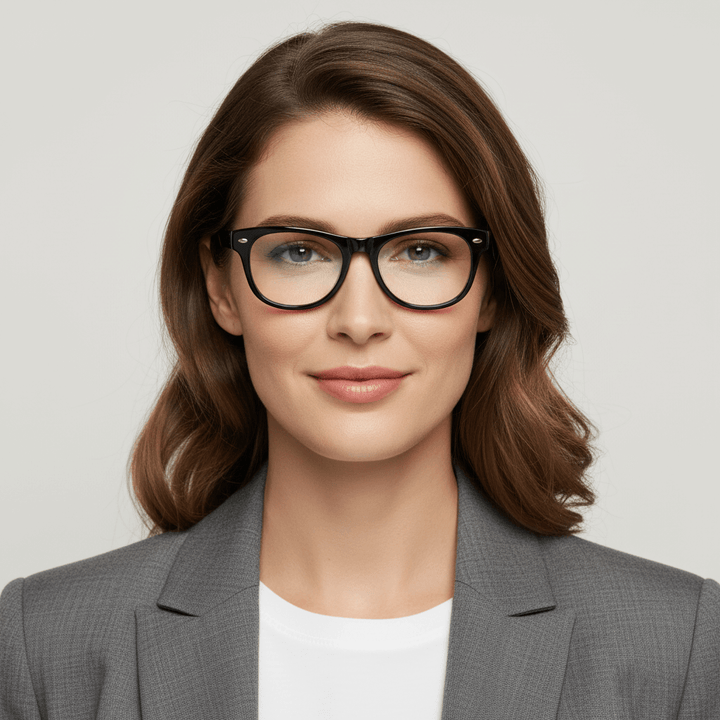 la vista frontal de una modelo mujer de  cara ovalada y pelo ondulado suelto usando armazones marcos opticos clasicos wayfarer de Bonoboss de #color_negro