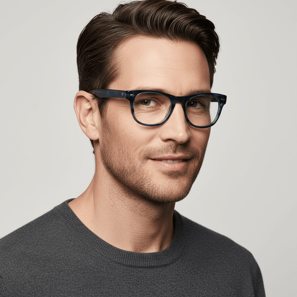 una mujer de cara redonda y pelo liso tomado usando armazones marcos opticos clasicos wayfarer de Bonoboss de #color_azul