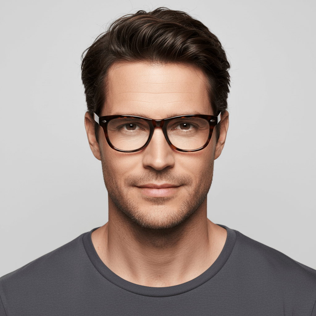 la vista frontal de un modelo hombre de  cara ovalada usando armazones marcos opticos clasicos wayfarer de Bonoboss de #color_carey