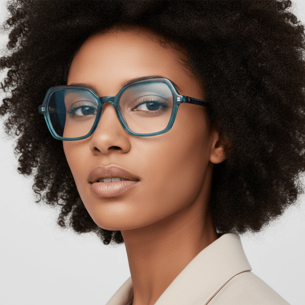 la vista lateral de una mujer afroamericana usando armazones marcos opticos con receta y tratamiento antireflejo de forma cuadrada rectangular Bonoboss en acetato sustentable reciclado de #color_calipso