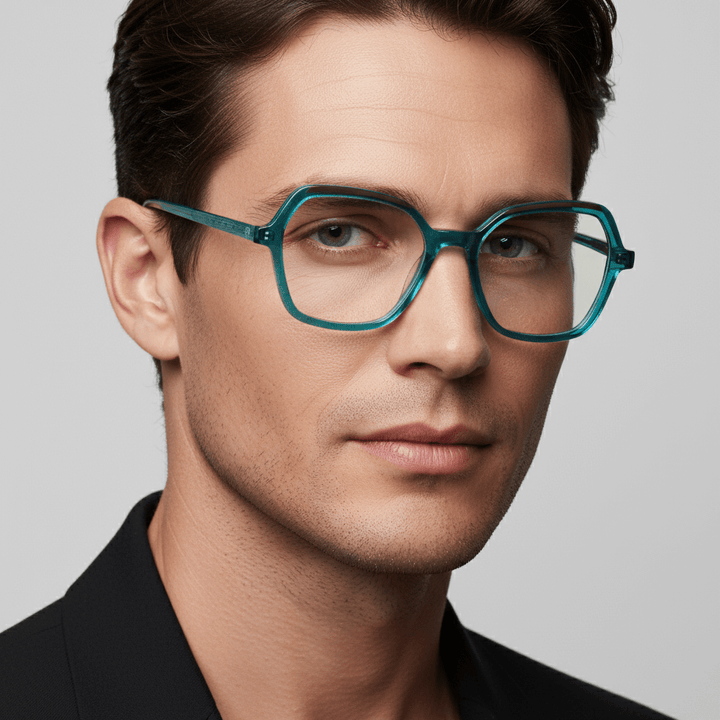 la vista lateral de un hombre usando armazones marcos opticos con receta y tratamiento antireflejo de forma cuadrada rectangular Bonoboss en acetato sustentable reciclado de #color_calipso