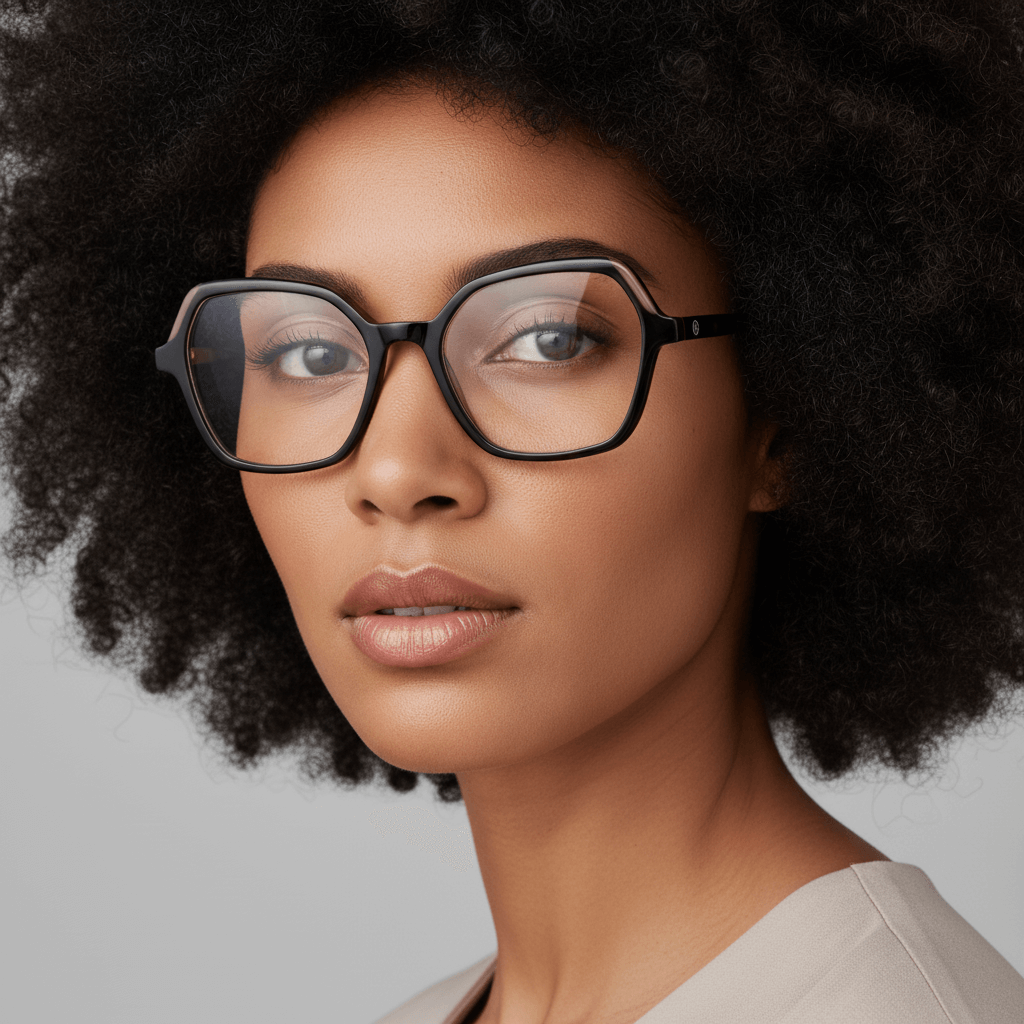 la vista lateral de una mujer afroamericana usando armazones marcos opticos con receta y tratamiento antireflejo de forma cuadrada rectangular Bonoboss en acetato sustentable reciclado de #color_calipso