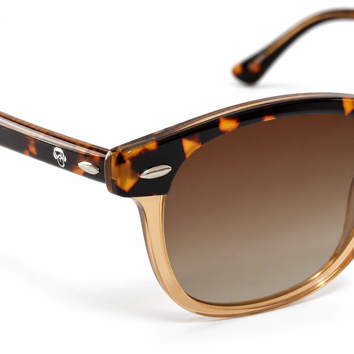 Lentes de sol polarizados Algarrobo Carey y ámbar, Lente café degradado detalle del armazón y logo #editorial_detail1 #color_brown