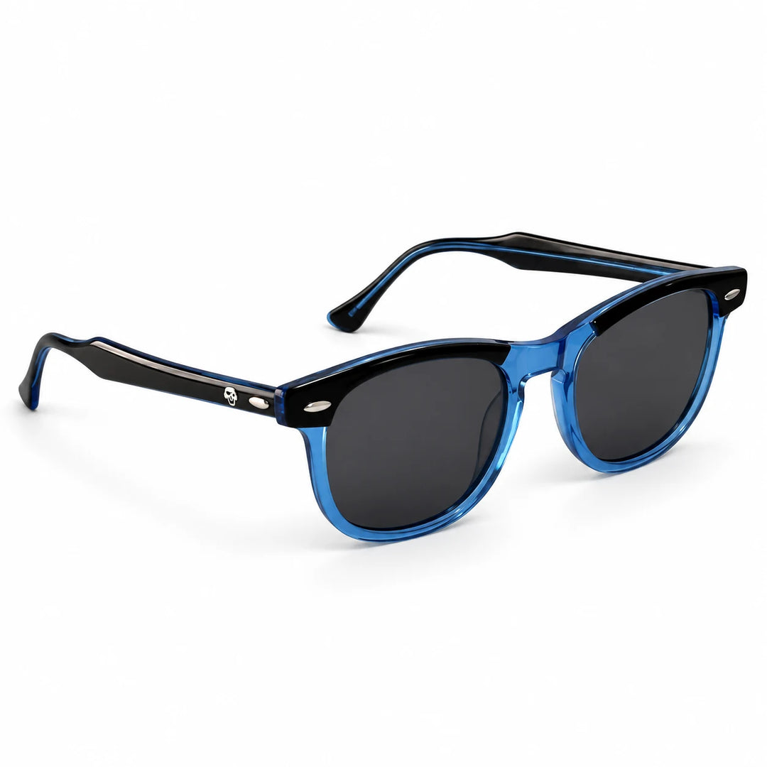 Lentes de sol polarizados Algarrobo Gris y cristal, Lente gris vista tres cuartos #editorial_angulo45 #color_azul