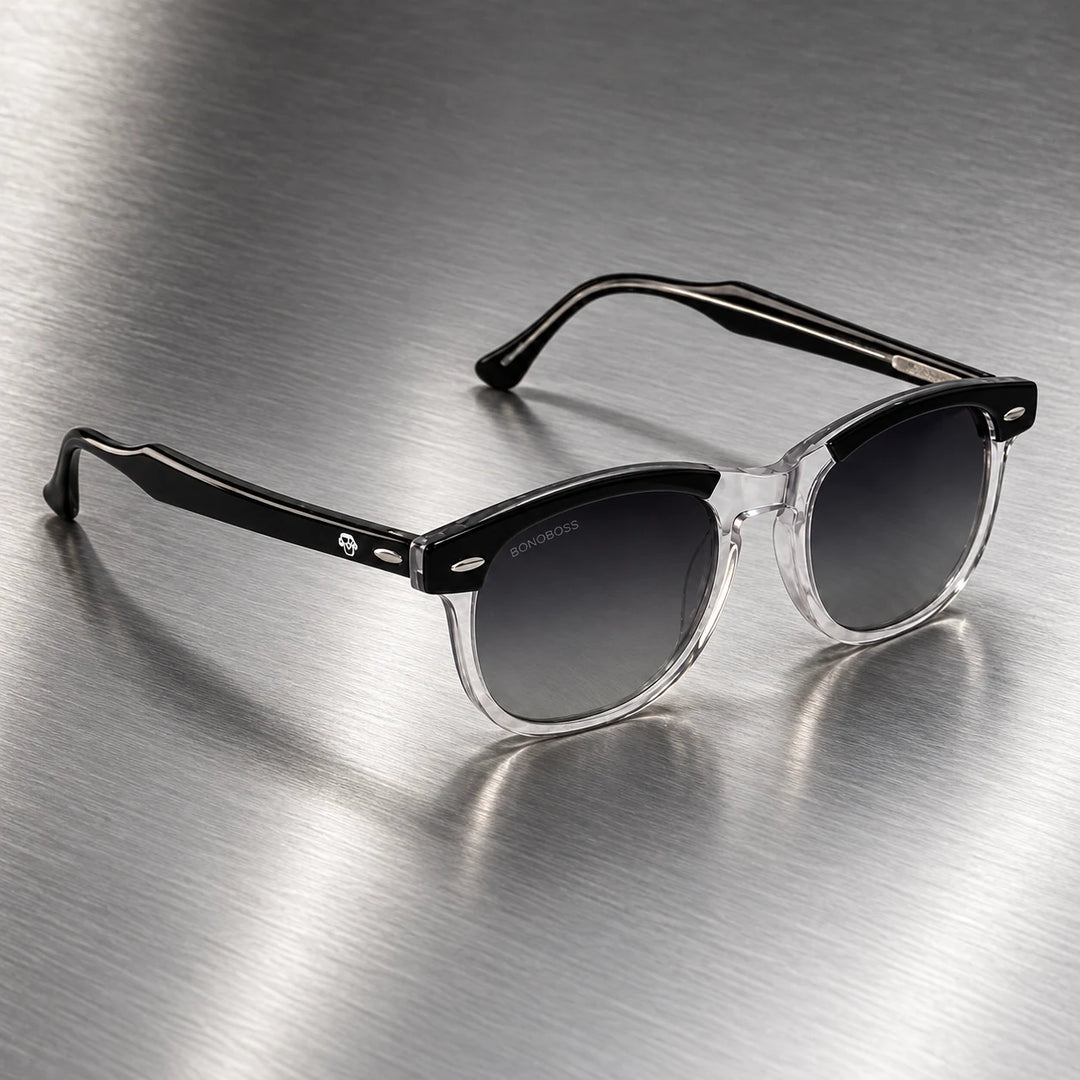 Lentes de sol polarizados Algarrobo Negro Transparente lente Degradé Gris bodegón sobre metal cepillado Bonoboss #editorial_polarizado #color_transparente