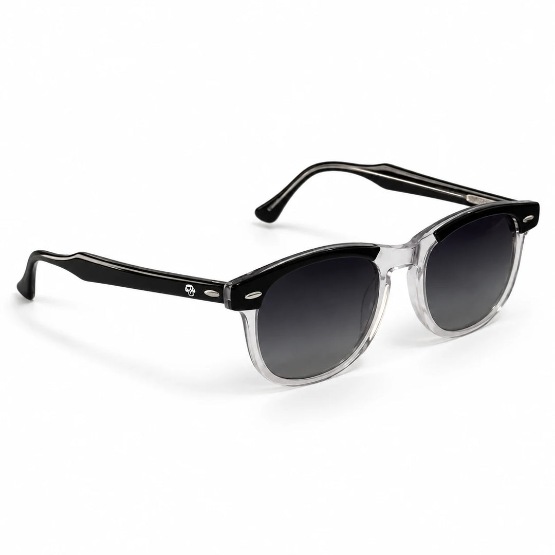 Lentes de sol polarizados Algarrobo Negro y cristal, Lente gris degradado vista tres cuartos #editorial_angulo45 #color_transparente