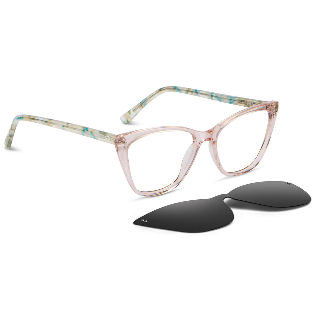 anteojos opticos agatados de mujer con clip de sol polarizado con sobrelente lentes con receta rosado#color_rosado
