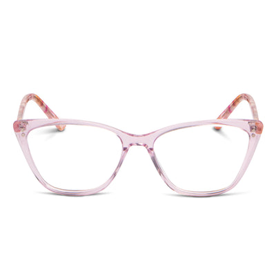 anteojos opticos agatados de mujer con clip de sol polarizado con sobrelente lentes con receta rosado frontal