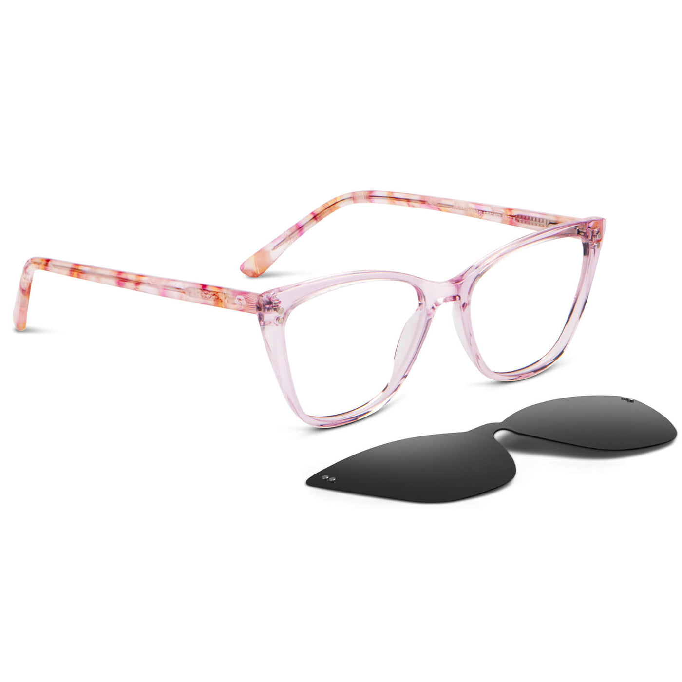 anteojos opticos agatados de mujer con clip de sol polarizado con sobrelente lentes con receta rosado