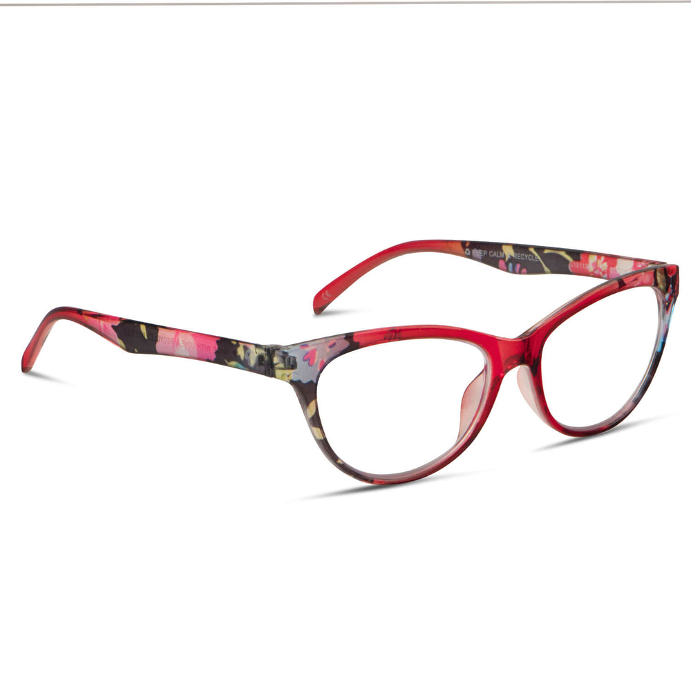 anteojos de lectura agatados de color rojo floreado para mujer de cara redonda con antireflejo y filtro de luz azul vista angulada