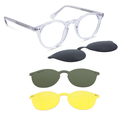 marcos opticos redondos con sobre lente clip sol iman polarizado para hombre y mujer de color transparente vista angulada