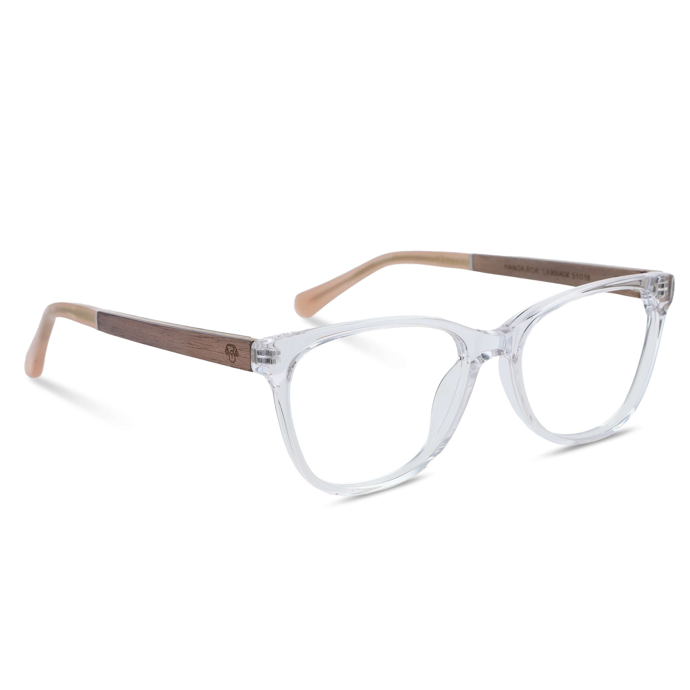 anteojos opticos agatados de color transparente de moda para mujer de cara redonda. Varillas de madera natural sustentable de madera de nogal