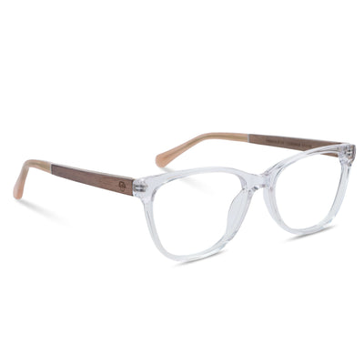 anteojos opticos agatados de color transparente de moda para mujer de cara redonda. Varillas de madera natural sustentable de madera de nogal