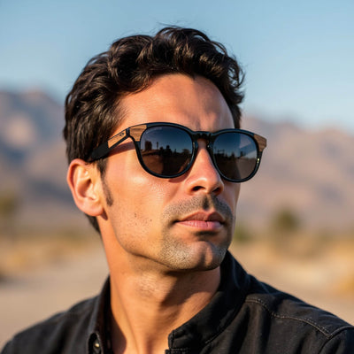 lentes de sol polarizados para hombre y mujerovalados de color negro con patas de madera natural sustentable. Marco de plastico reciclado con lentes polarizadas