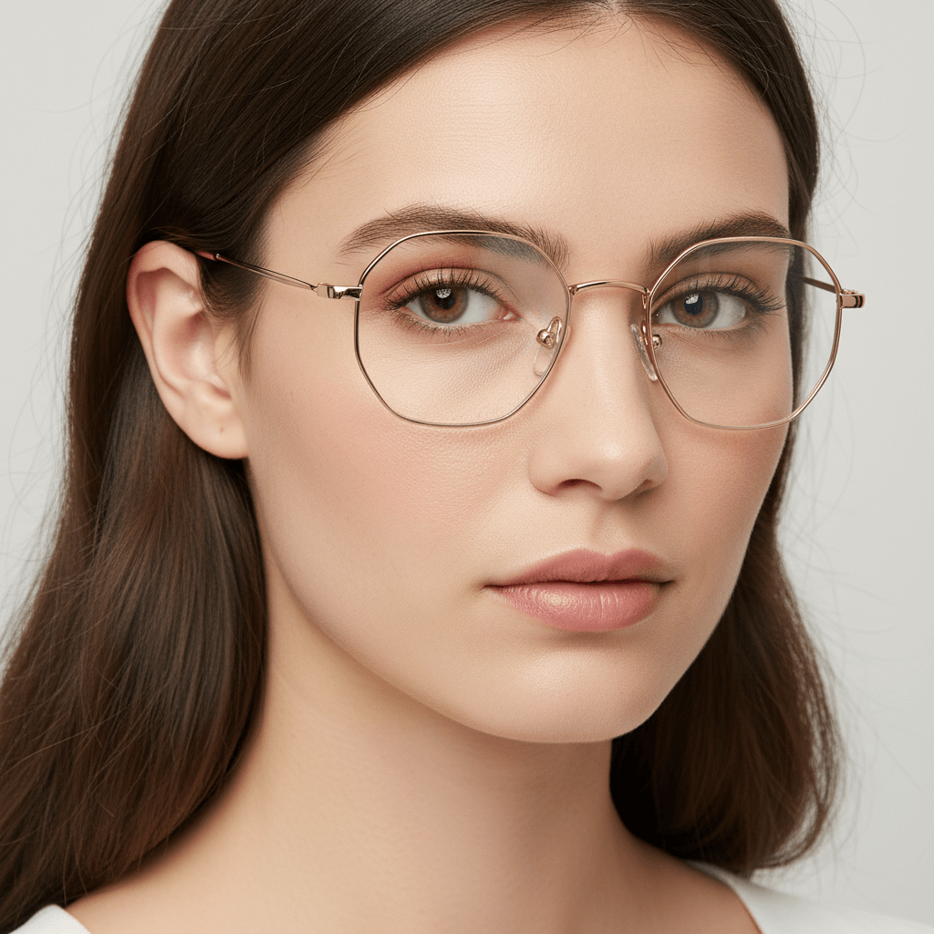 una mujer de cara redonda usando lentes opticos geometricos metalicos de acero inoxidable sustentable #color_gold