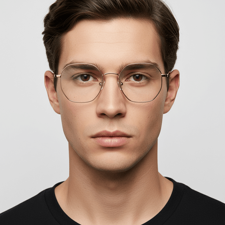 un hombre de cara redonda usando lentes opticos geometricos metalicos de acero inoxidable sustentable #color_gold