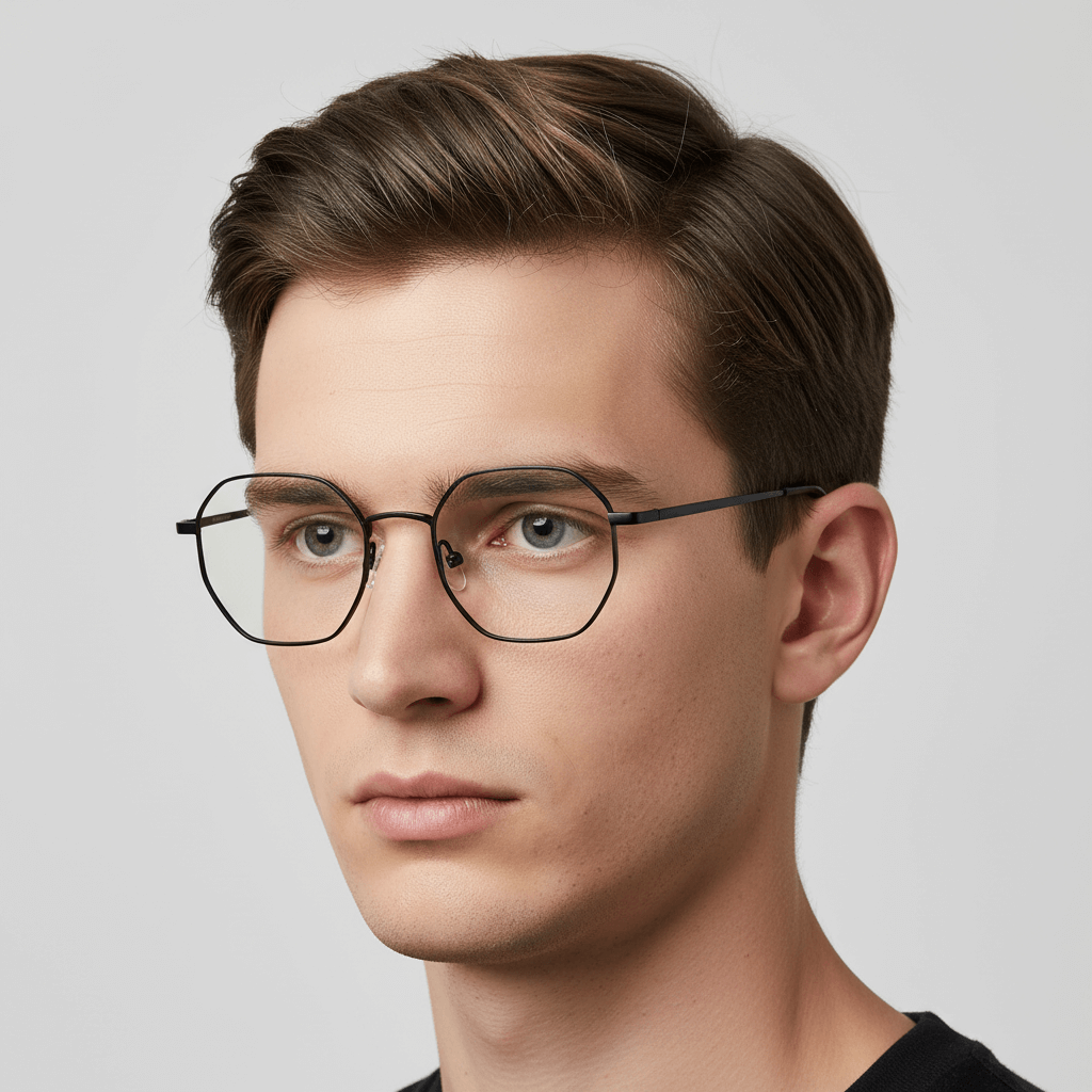 un hombre de cara redonda usando lentes opticos geometricos metalicos de acero inoxidable sustentable #color_black