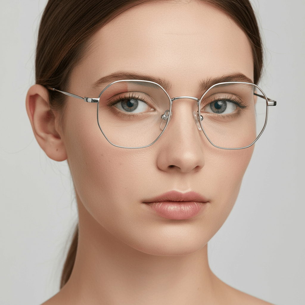 una mujer de cara redonda usando lentes opticos geometricos metalicos de acero inoxidable sustentable #color_silver